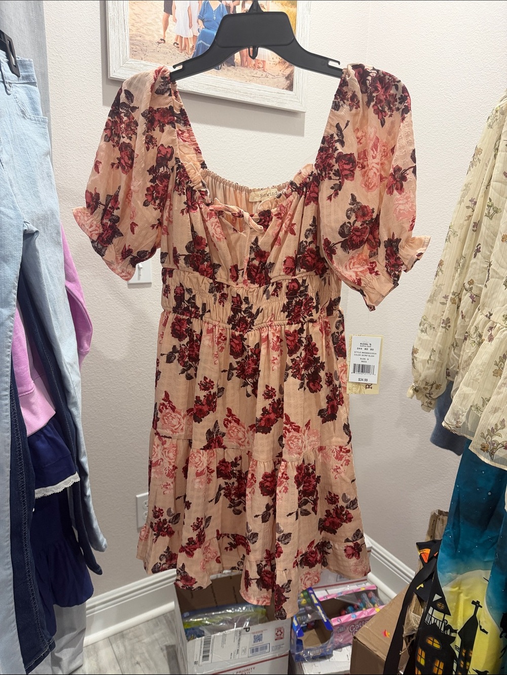 Rewind Blush Beige Mini Dress with Rose Floral Print